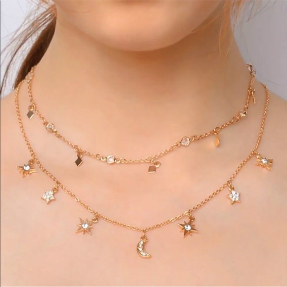 Star Moon Rhinestone charm layer gold necklace βοΈ - Picture 4 of 7